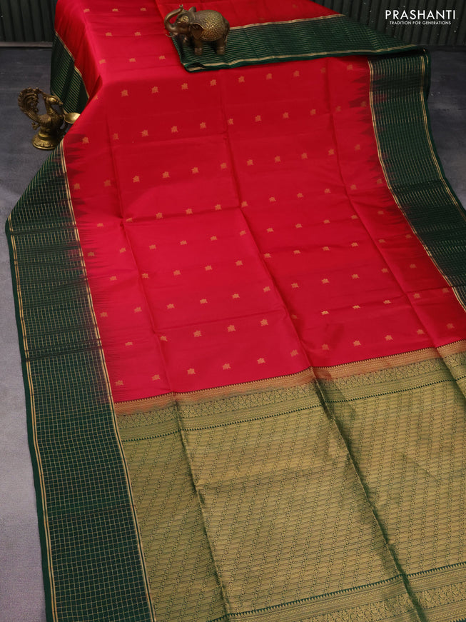 Pure soft silk saree dark pink and dark green with zari woven buttas and zari woven checked border