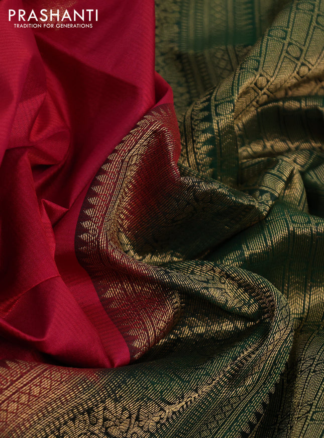 Pure soft silk saree dark pink and dark green with zari woven buttas and zari woven checked border