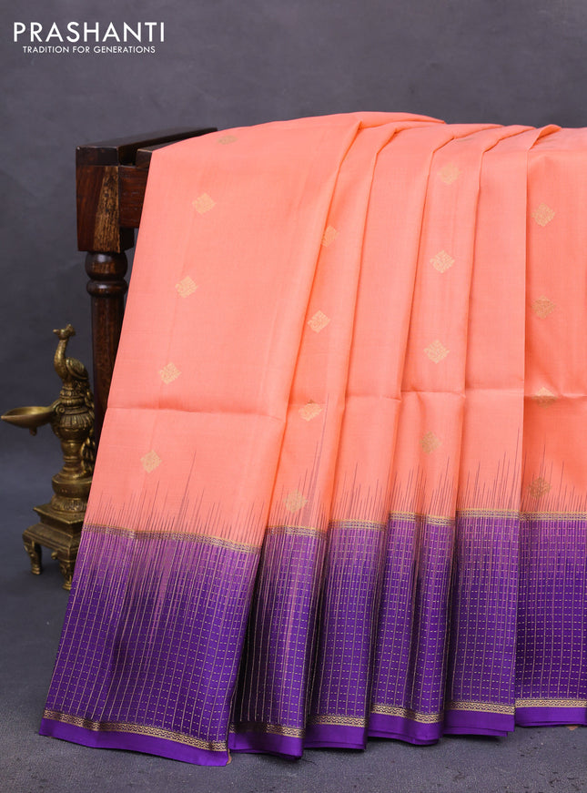 Pure soft silk saree peach shade and violet with zari woven buttas and zari woven checked border