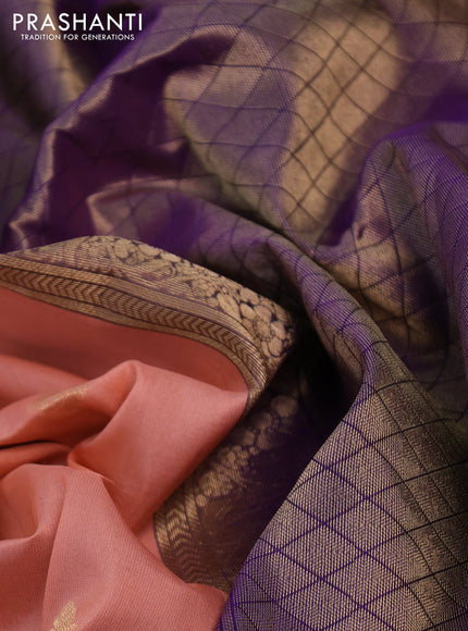 Pure soft silk saree peach shade and violet with zari woven buttas and zari woven checked border