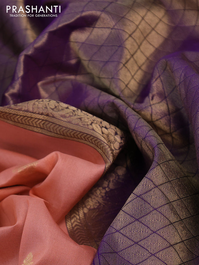 Pure soft silk saree peach shade and violet with zari woven buttas and zari woven checked border