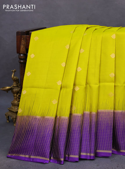 Pure soft silk saree lime yellow and violet with zari woven buttas and zari woven checked border
