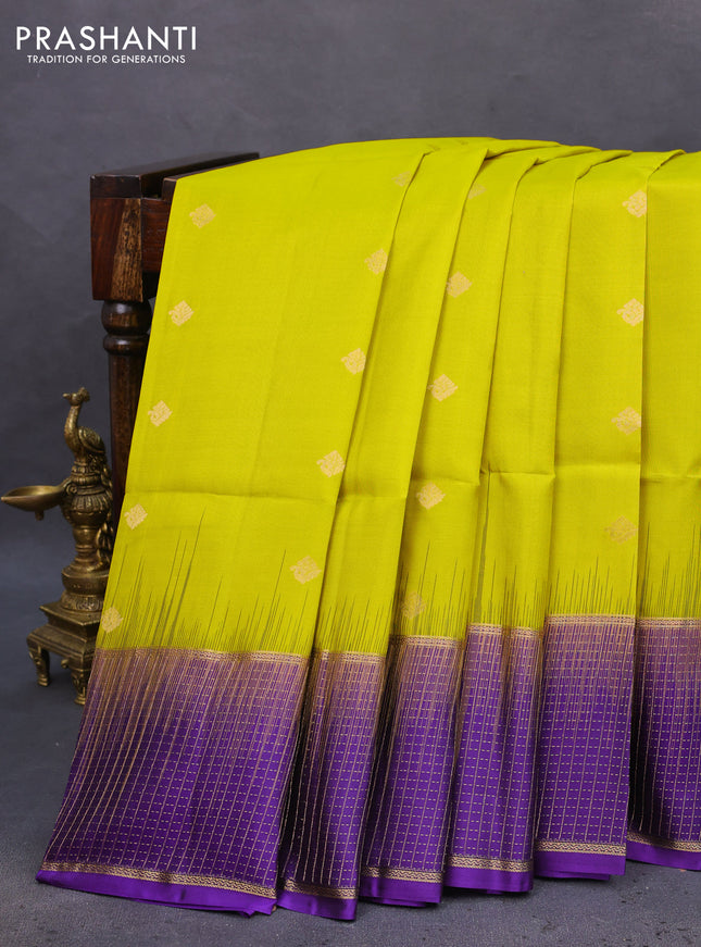 Pure soft silk saree lime yellow and violet with zari woven buttas and zari woven checked border