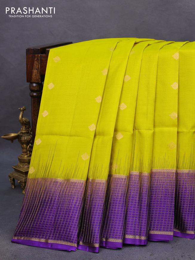 Pure soft silk saree lime yellow and violet with zari woven buttas and zari woven checked border