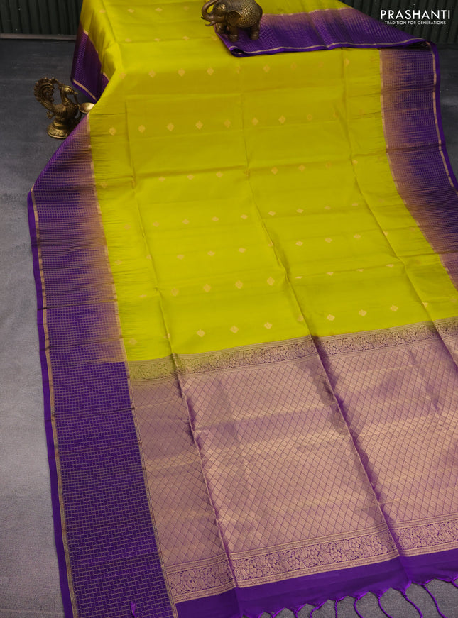 Pure soft silk saree lime yellow and violet with zari woven buttas and zari woven checked border