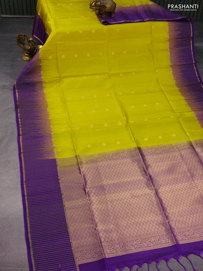 Pure soft silk saree lime yellow and violet with zari woven buttas and zari woven checked border