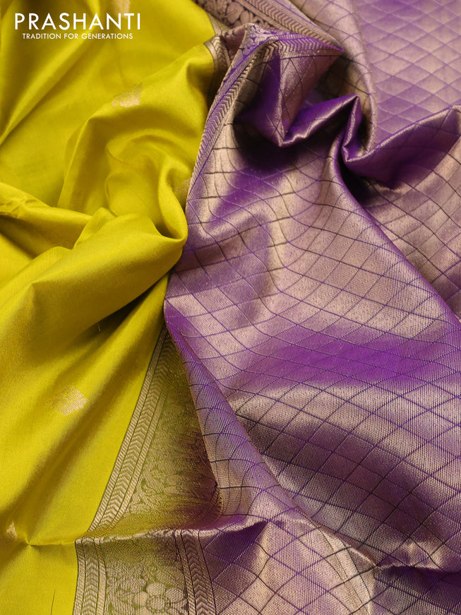 Pure soft silk saree lime yellow and violet with zari woven buttas and zari woven checked border