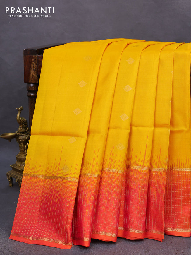 Pure soft silk saree yellow and dual shade of pinkish orange with zari woven buttas and zari woven checked border
