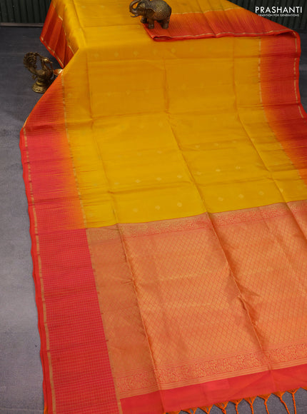 Pure soft silk saree yellow and dual shade of pinkish orange with zari woven buttas and zari woven checked border