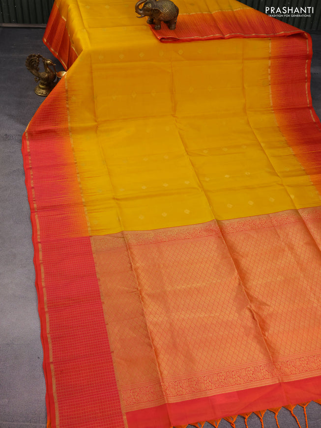 Pure soft silk saree yellow and dual shade of pinkish orange with zari woven buttas and zari woven checked border