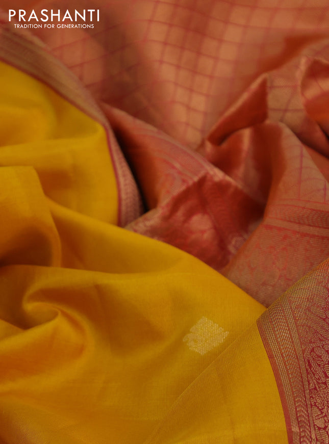 Pure soft silk saree yellow and dual shade of pinkish orange with zari woven buttas and zari woven checked border
