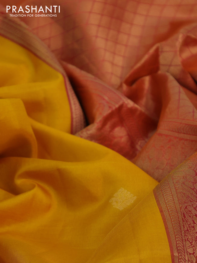 Pure soft silk saree yellow and dual shade of pinkish orange with zari woven buttas and zari woven checked border