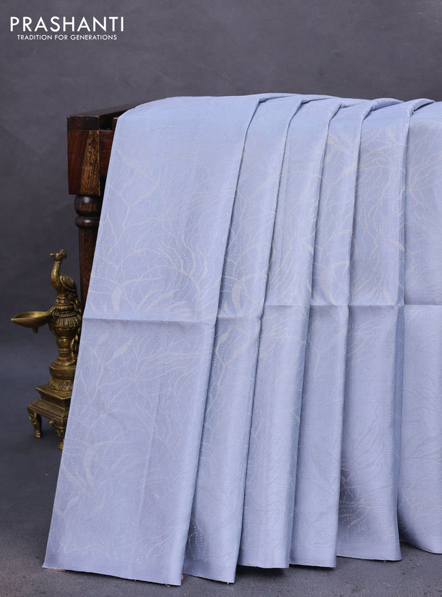 Pure soft silk saree grey and teal bluish green with allover silver woven brocade weaves in borderless style