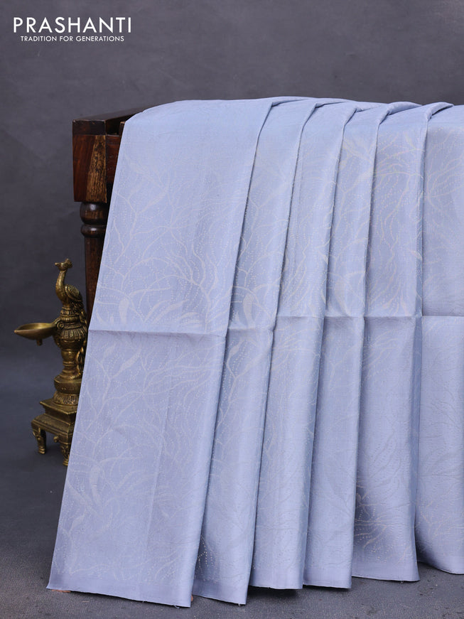 Pure soft silk saree grey and teal bluish green with allover silver woven brocade weaves in borderless style