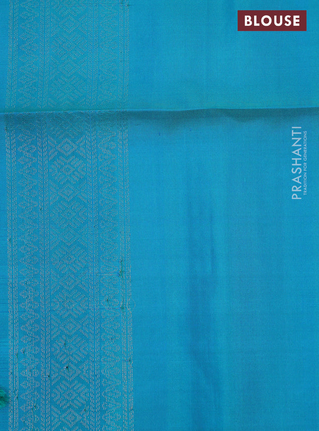 Pure soft silk saree grey and teal bluish green with allover silver woven brocade weaves in borderless style