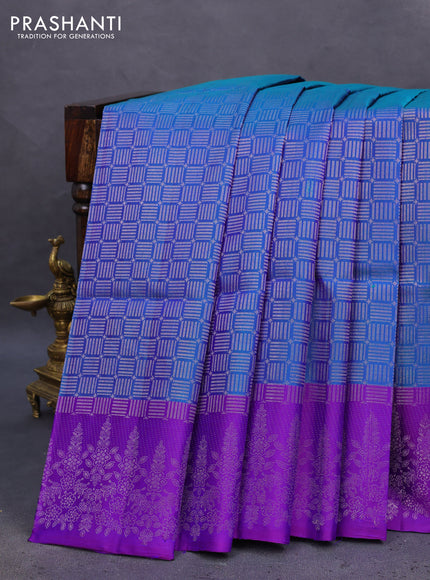 Pure soft silk saree dual shade of blue and violet with allover zari woven brocade pattern and zari woven border