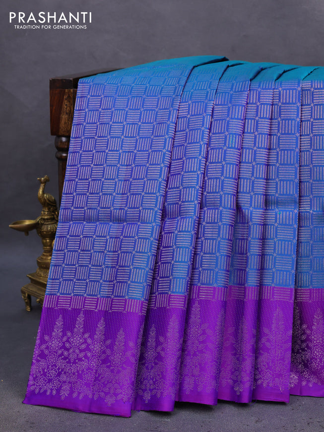 Pure soft silk saree dual shade of blue and violet with allover zari woven brocade pattern and zari woven border