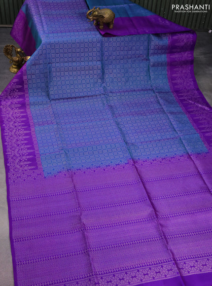 Pure soft silk saree dual shade of blue and violet with allover zari woven brocade pattern and zari woven border
