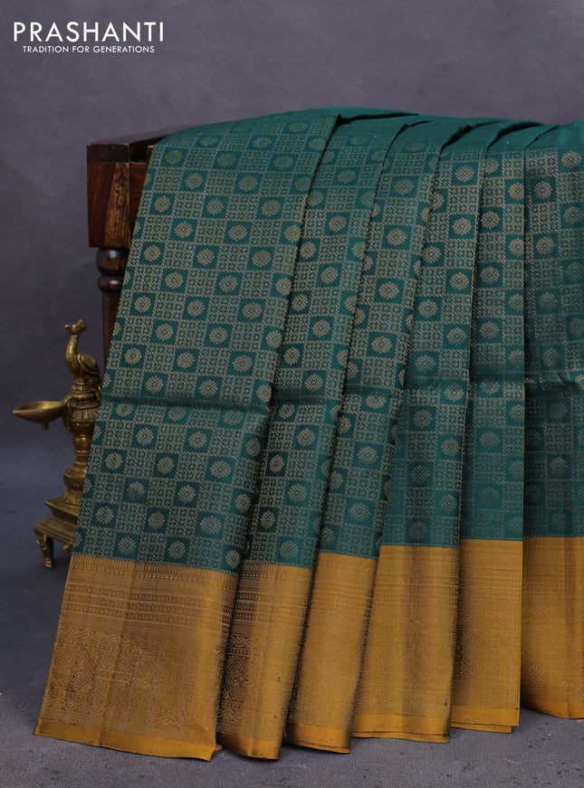 Pure soft silk saree dark green and dark mustard with allover zari woven brocade pattern and zari woven border