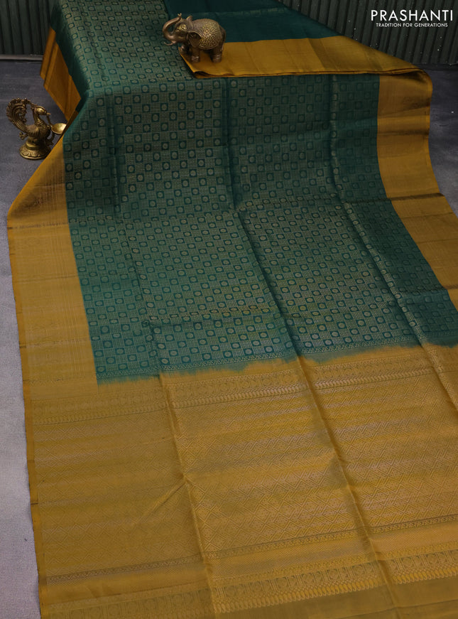 Pure soft silk saree dark green and dark mustard with allover zari woven brocade pattern and zari woven border