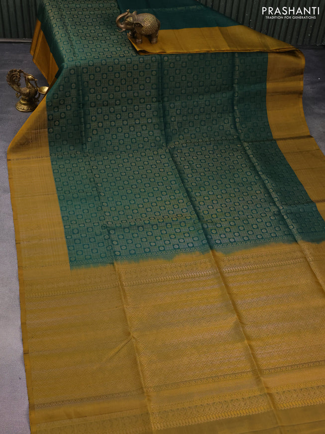 Pure soft silk saree dark green and dark mustard with allover zari woven brocade pattern and zari woven border