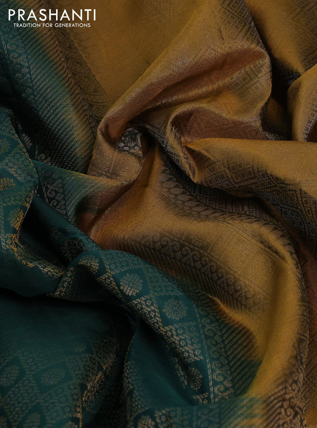 Pure soft silk saree dark green and dark mustard with allover zari woven brocade pattern and zari woven border