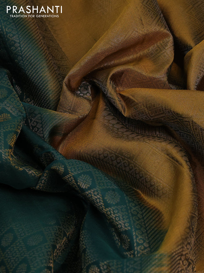 Pure soft silk saree dark green and dark mustard with allover zari woven brocade pattern and zari woven border