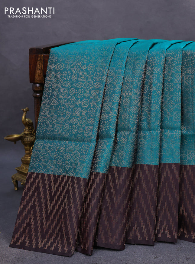 Pure soft silk saree teal green and coffee brown with allover zari woven brocade pattern and zari woven border
