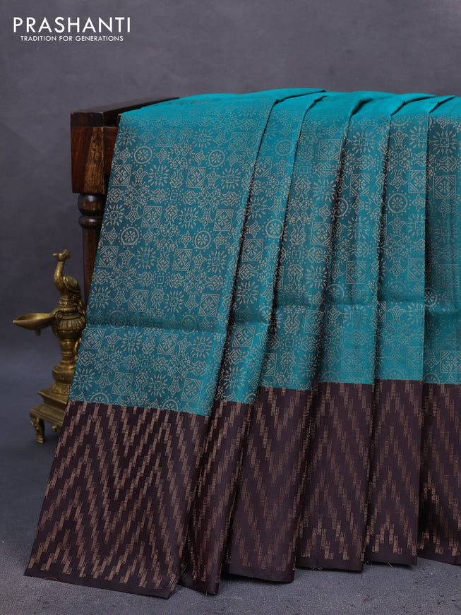 Pure soft silk saree teal green and coffee brown with allover zari woven brocade pattern and zari woven border