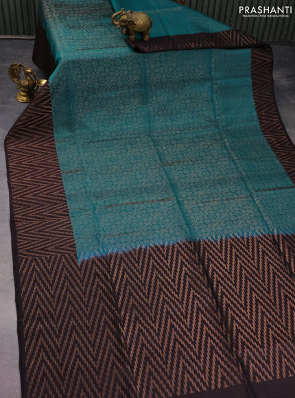 Pure soft silk saree teal green and coffee brown with allover zari woven brocade pattern and zari woven border