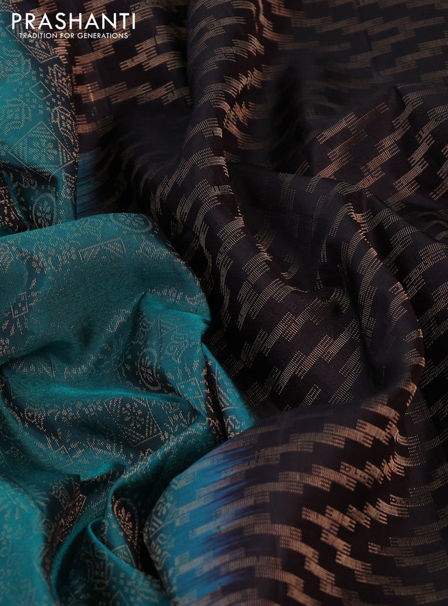 Pure soft silk saree teal green and coffee brown with allover zari woven brocade pattern and zari woven border