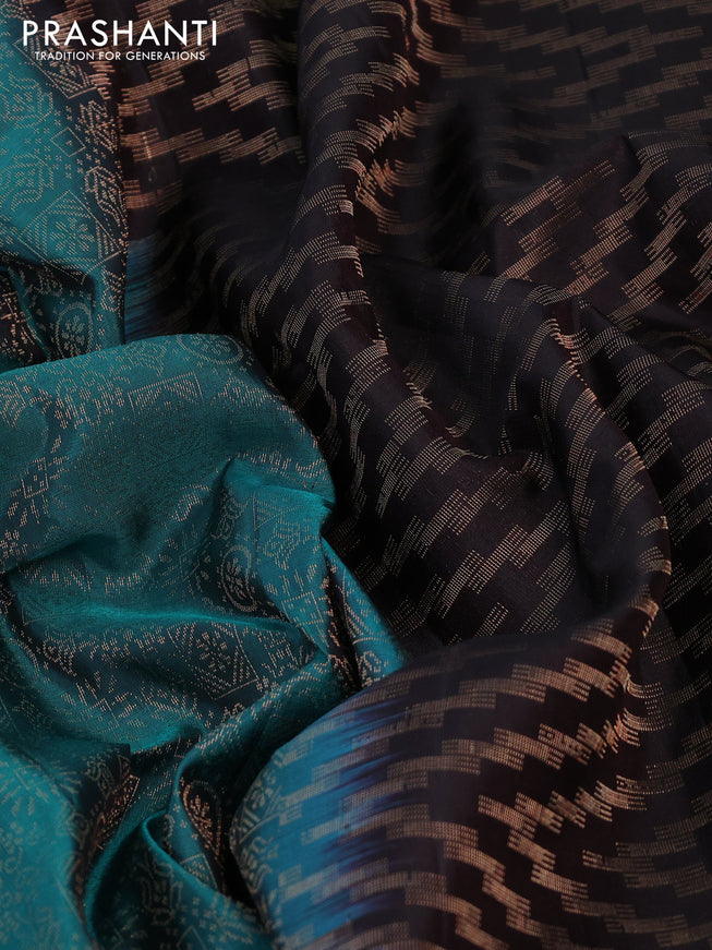 Pure soft silk saree teal green and coffee brown with allover zari woven brocade pattern and zari woven border