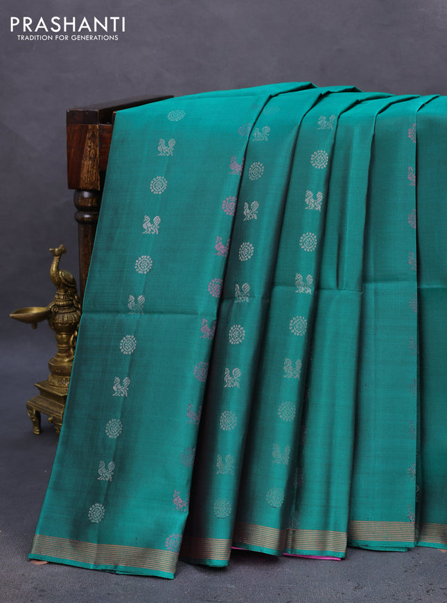 Pure soft silk saree green and pink with annam & rudhraksha zari woven buttas and zari woven border