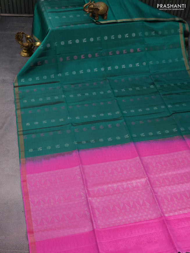 Pure soft silk saree green and pink with annam & rudhraksha zari woven buttas and zari woven border