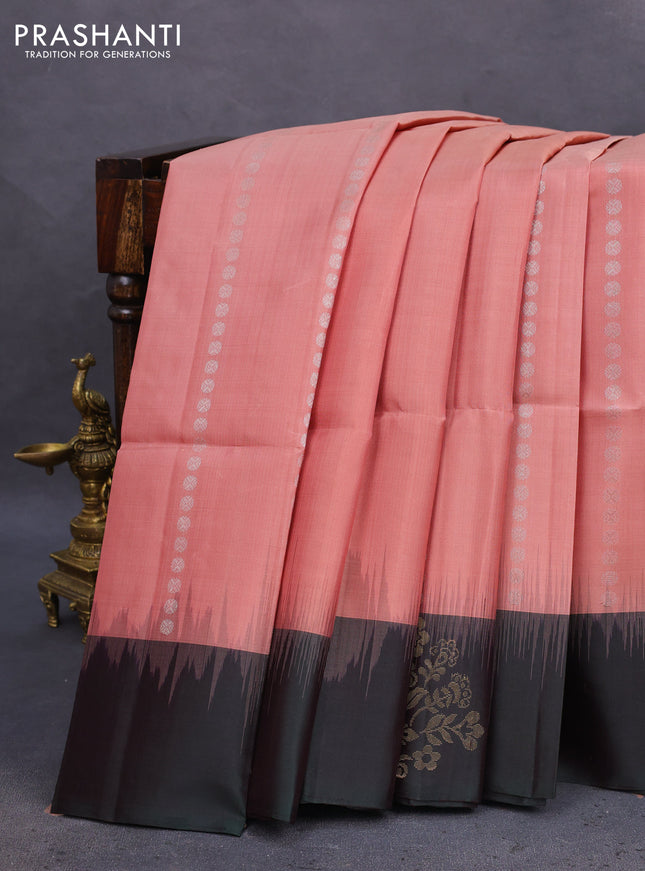 Pure soft silk saree peach shade and bottle green with allover silver zari woven buttas and zari woven buttas border