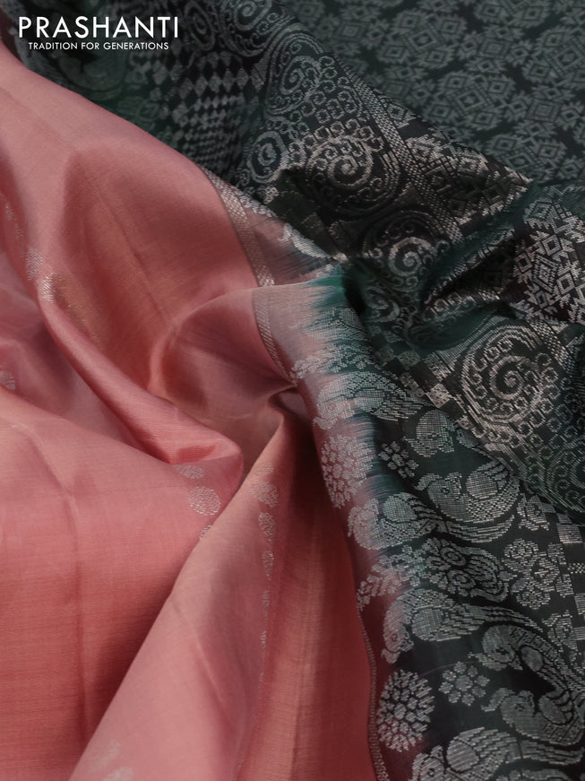 Pure soft silk saree peach shade and bottle green with allover silver zari woven buttas and zari woven buttas border