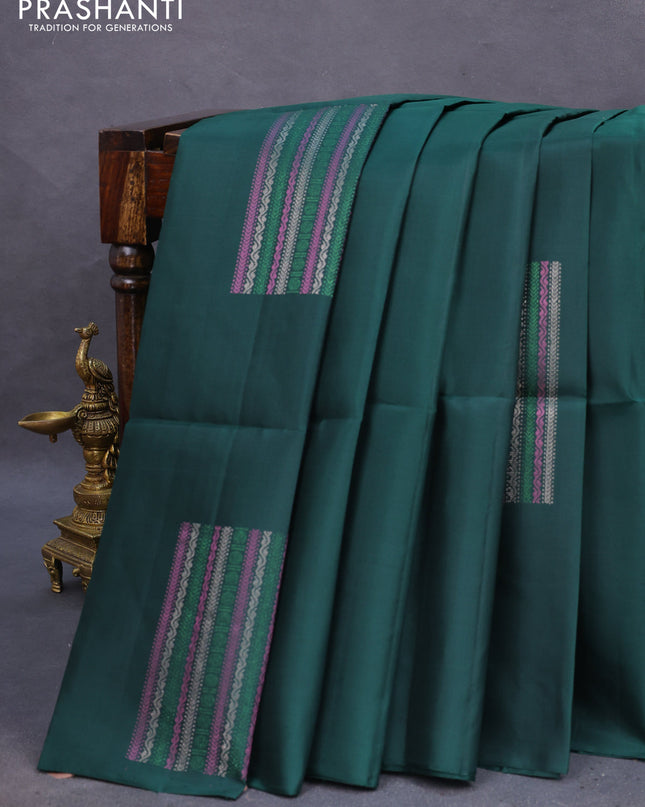Pure soft silk saree dark green with thread & zari weaves in borderless style