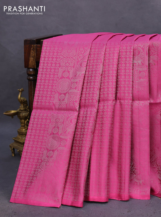 Pure soft silk saree pastel pink with allover silver zari weaves in borderless style