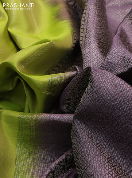 Pure soft silk saree light green and jamun shade with allover zari weaves in borderless style