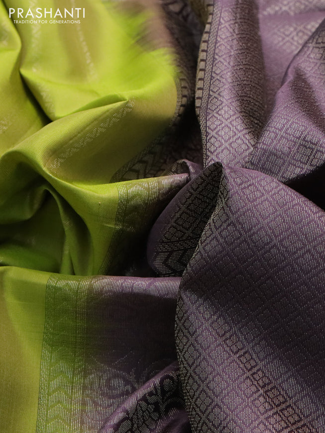 Pure soft silk saree light green and jamun shade with allover zari weaves in borderless style