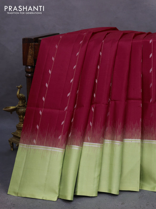 Pure soft silk saree red and pista green with allover zari weaves & buttas and zari woven simple border