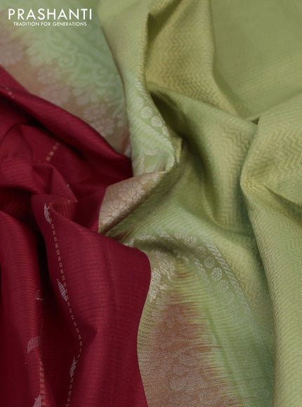 Pure soft silk saree red and pista green with allover zari weaves & buttas and zari woven simple border