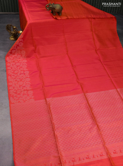 Pure soft silk saree dual shade of pinkish orange with allover silver zari stripe pattern and long silver zari woven border
