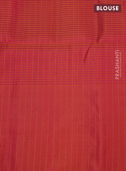 Pure soft silk saree dual shade of pinkish orange with allover silver zari stripe pattern and long silver zari woven border