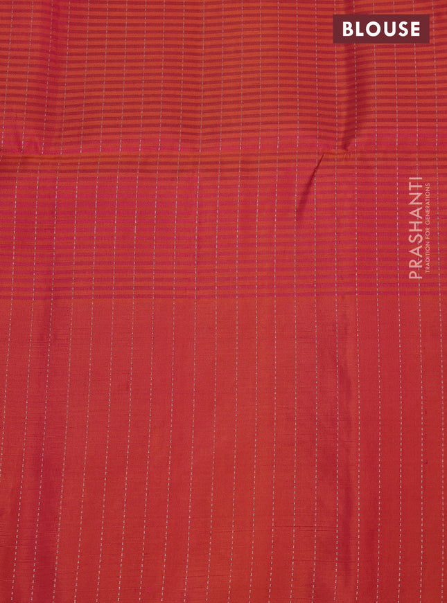 Pure soft silk saree dual shade of pinkish orange with allover silver zari stripe pattern and long silver zari woven border