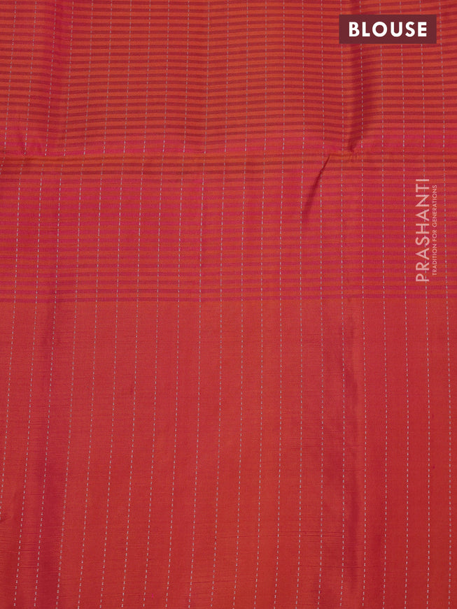 Pure soft silk saree dual shade of pinkish orange with allover silver zari stripe pattern and long silver zari woven border