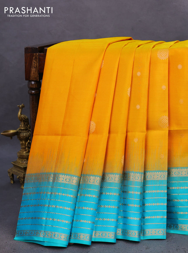 Pure soft silk saree mustard yellow and teal blue with zari wovenn buttas and zari woven border