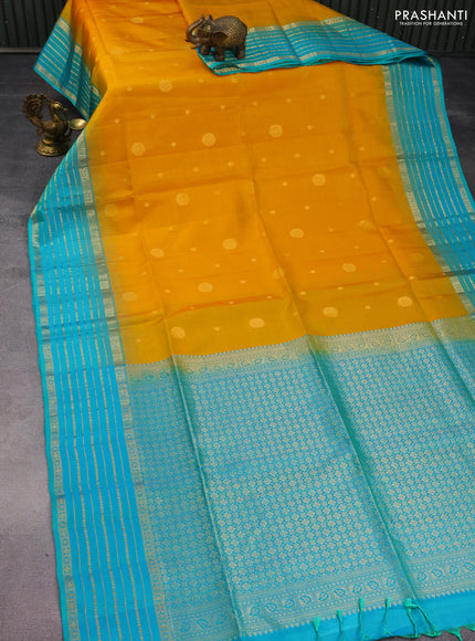 Pure soft silk saree mustard yellow and teal blue with zari wovenn buttas and zari woven border