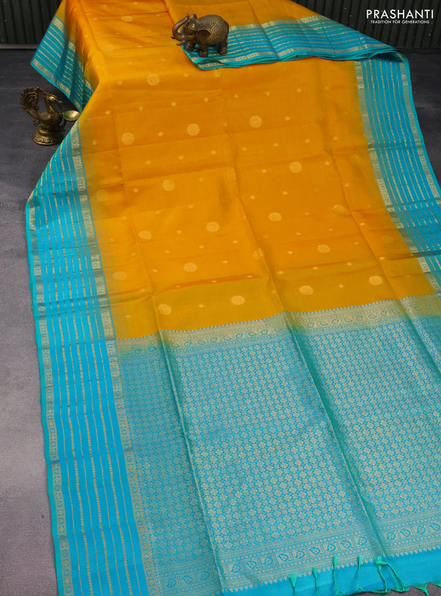 Pure soft silk saree mustard yellow and teal blue with zari wovenn buttas and zari woven border
