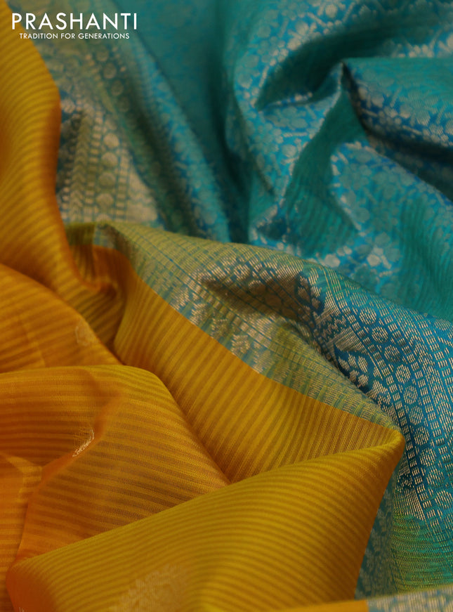 Pure soft silk saree mustard yellow and teal blue with zari wovenn buttas and zari woven border
